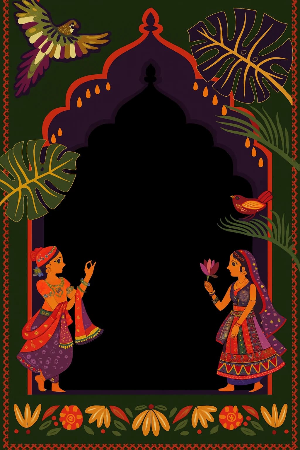 Indian folk-art wedding invitation with a golden arch and peacock